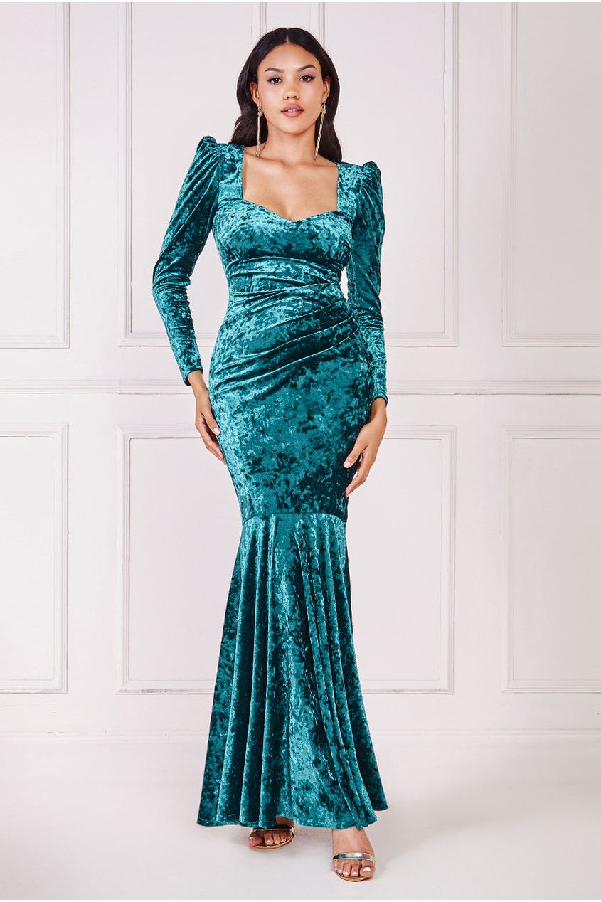 Goddiva Flared Hem Ice Velvet Maxi - Emerald