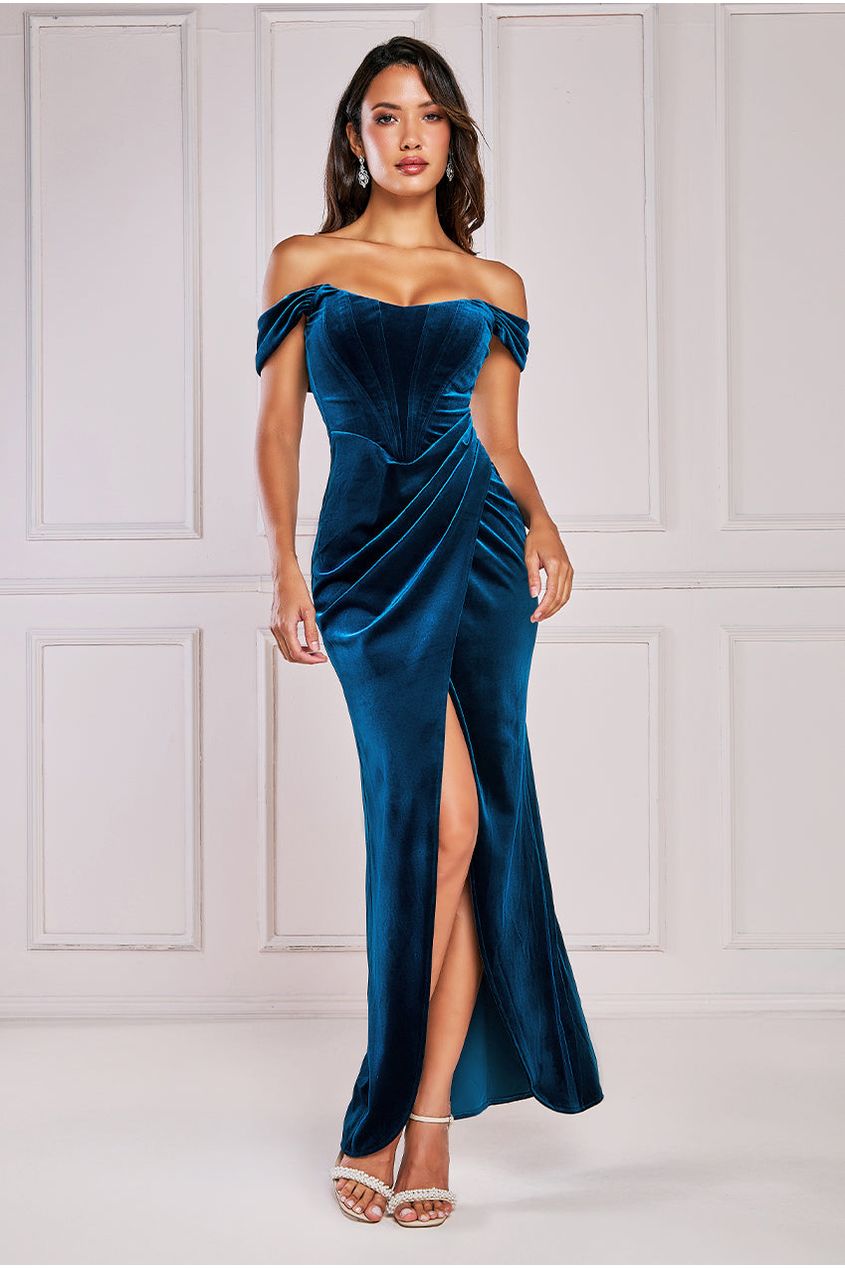 Goddiva Draped Shoulder Velvet Corset Maxi - Tealblue