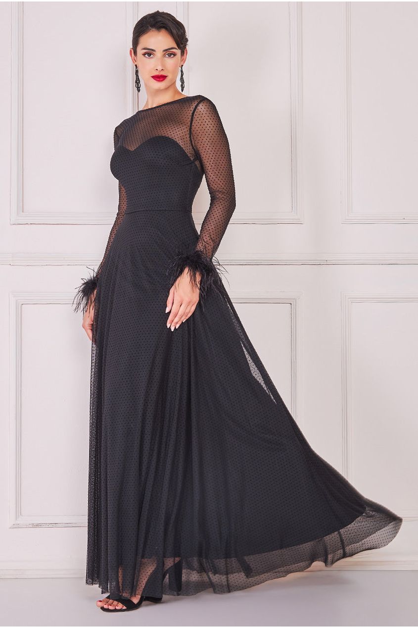 Goddiva Dobby Mesh Feather Sleeve Hem Maxi Dress - Black