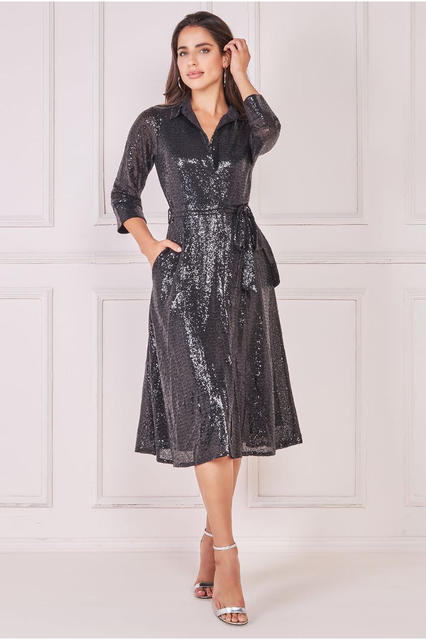 Goddiva Sequin Skater Shirt Dress - Black