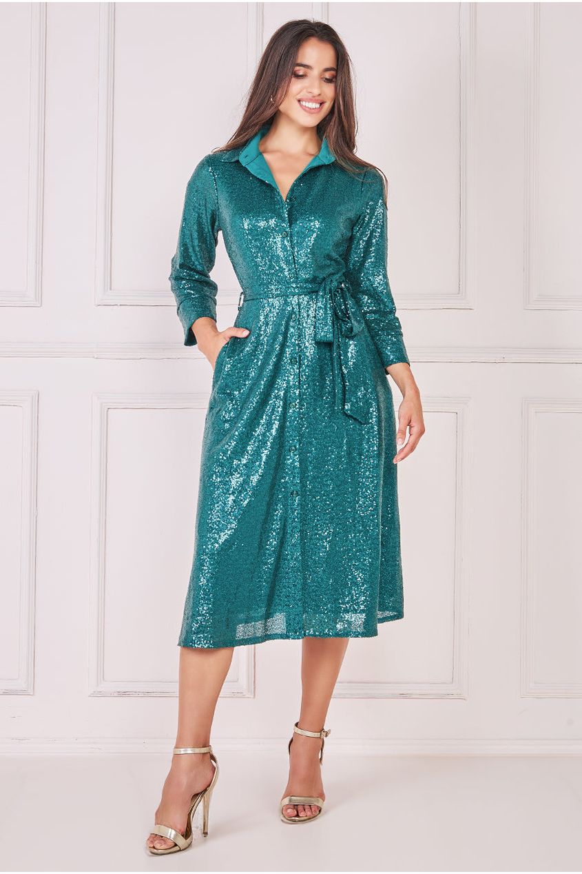 Goddiva Sequin Skater Shirt Dress - Emerald Green