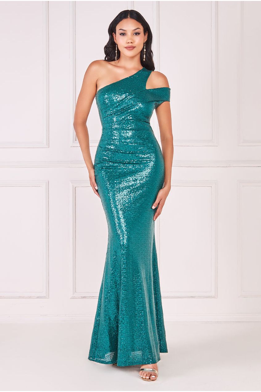 Goddiva One Shoulder Sequin Evening Maxi - Emerald
