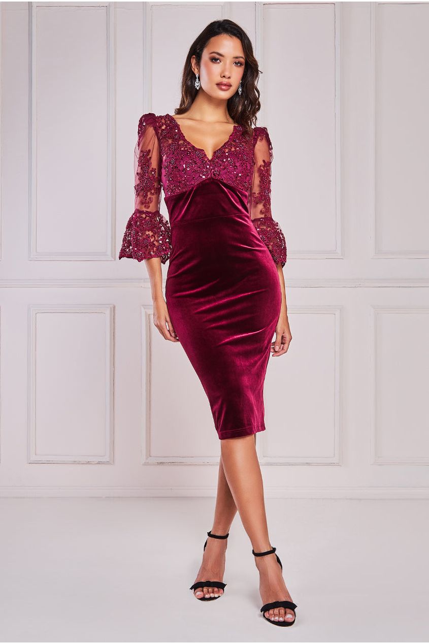 Goddiva Scalloped Lace & Velvet Midi - Burgundy product