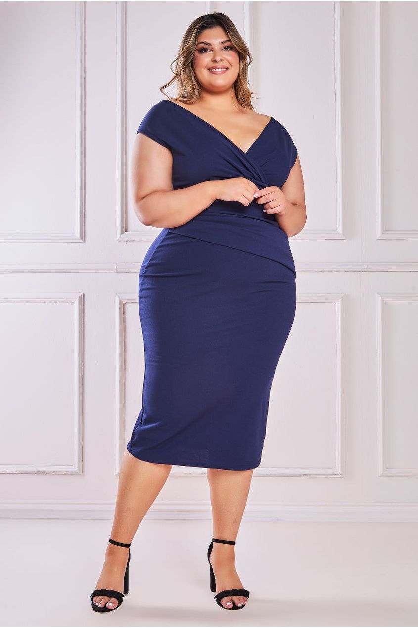 Goddiva Plus Scuba Bardot Pleated Midi Dress - Navy