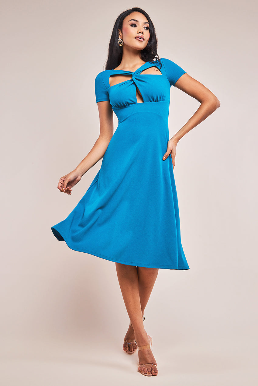 Image of Goddiva Scuba Crepe Twist Cutout Midi Dress - Teal Blue