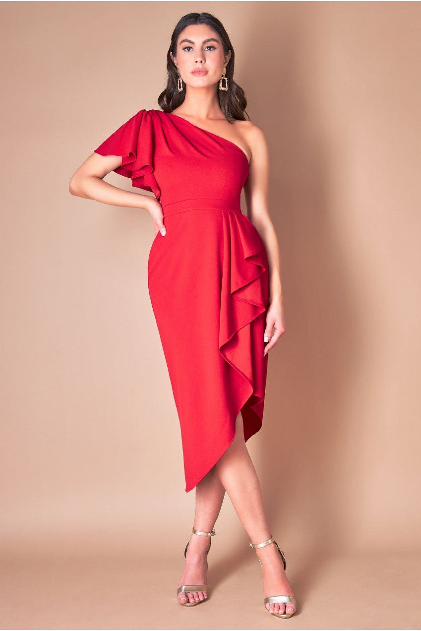 Goddiva Waterfall Sleeve Wrap Midi Dress - Red