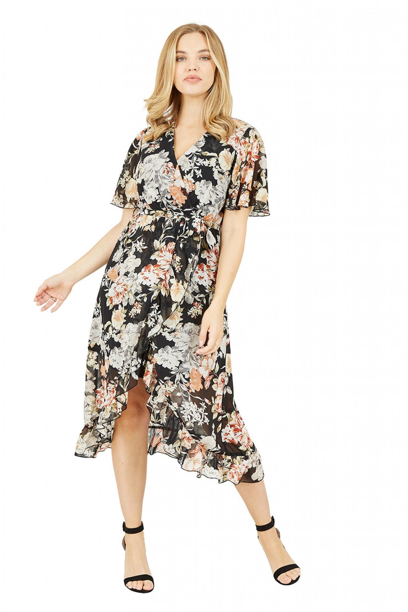 Mela London Black Floral High Low Wrap Dress – Goddiva