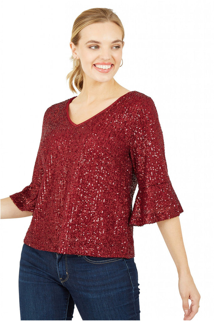 Yumi Red Sequin Top With Fluted Sleeve – Goddiva