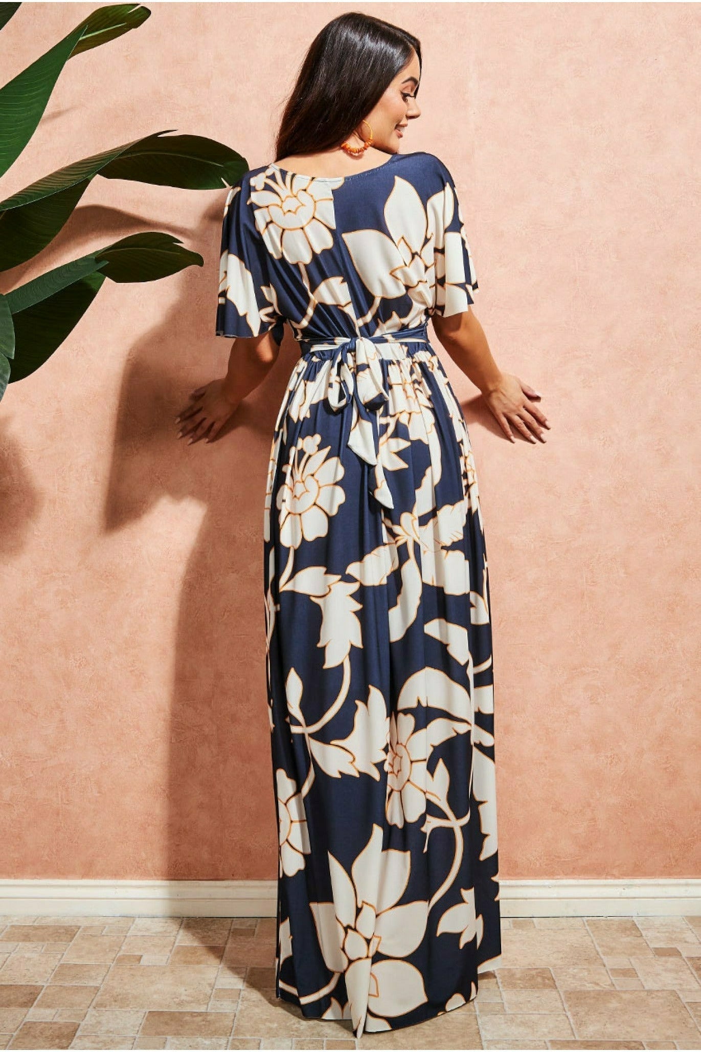 Goddiva Leaf Print Flutter Sleeve Maxi Dress - Navy