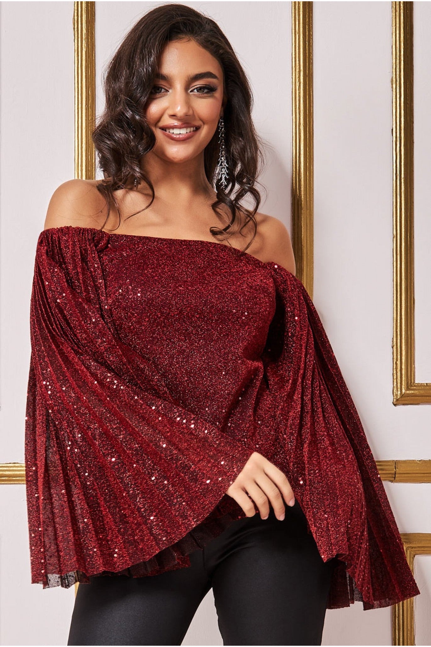 Goddiva Sequin Lurex Bardot Pleated Sleeve Top - Wine