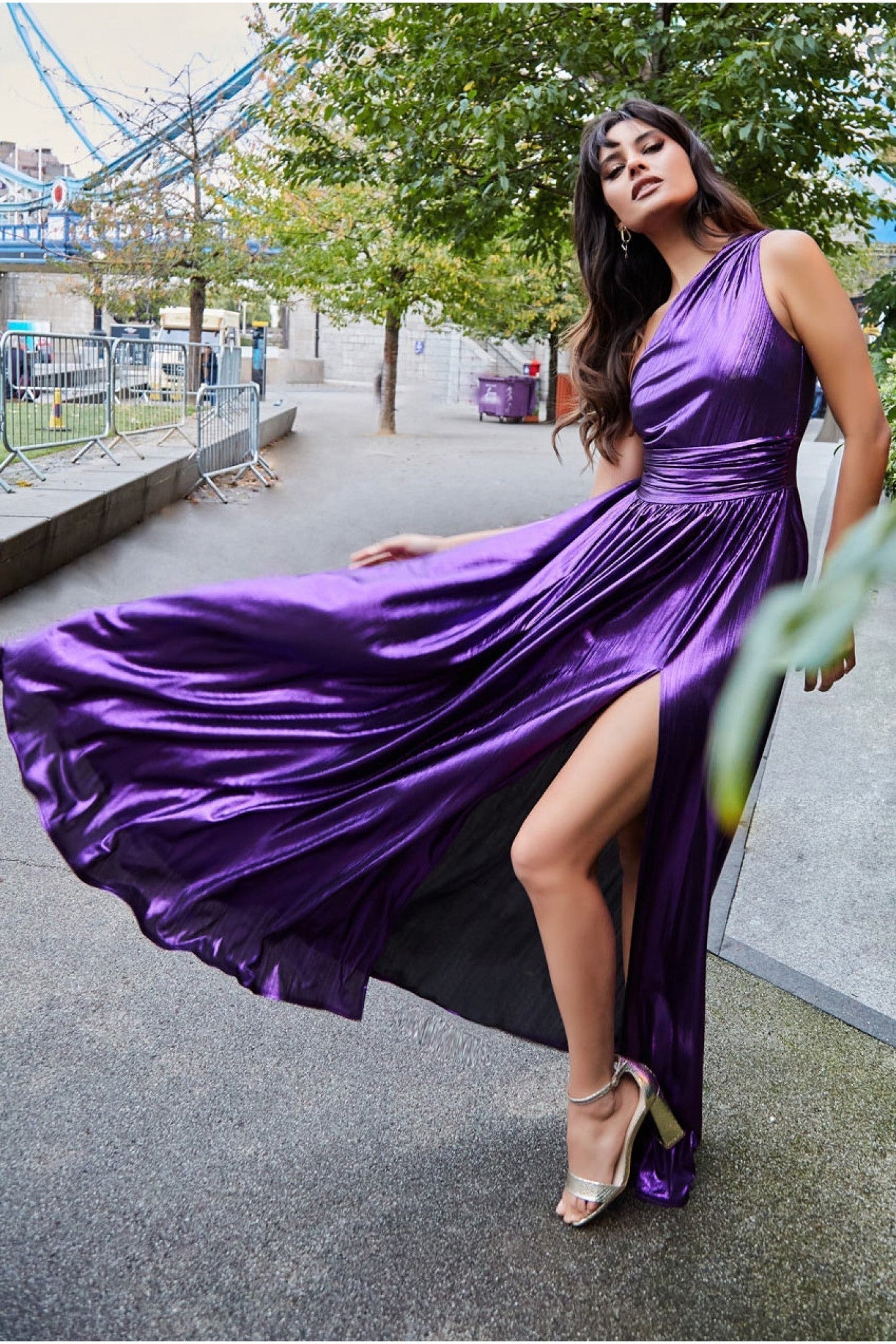 Goddiva One Shoulder Slinky Foil Flared Maxi Dress - Purple