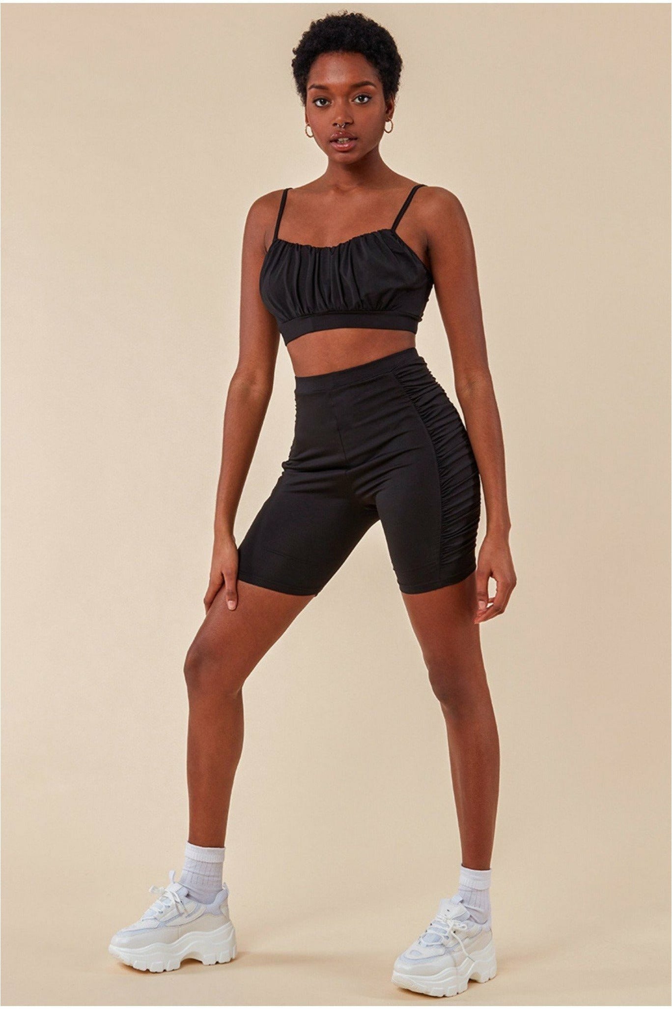 Image of Cosmochic Side Detail Bralette & Cycle Short Set - Black