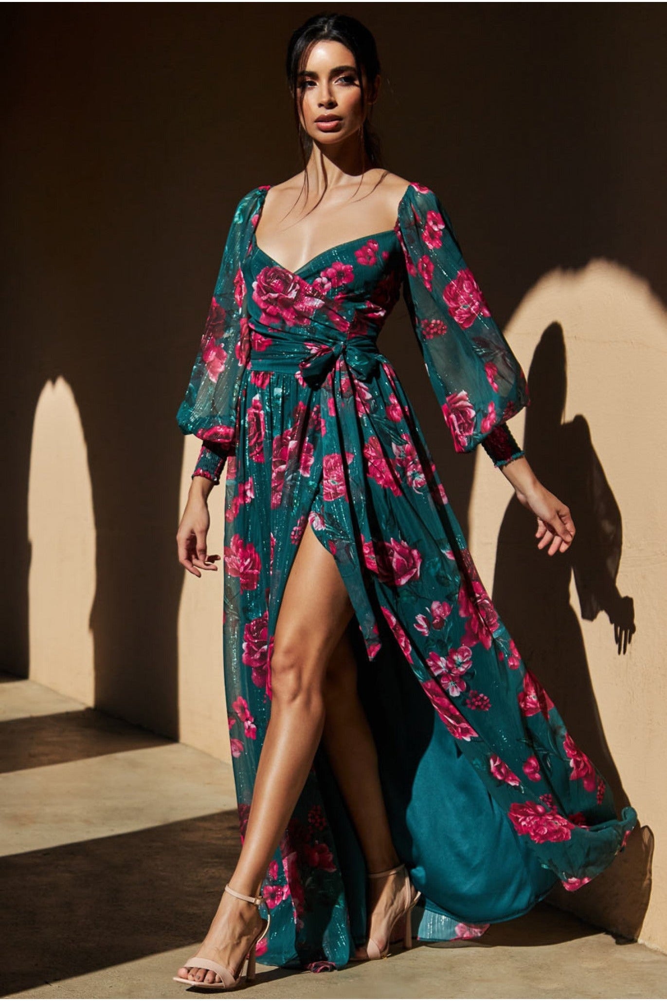 Goddiva Off The Shoulder Wrap Maxi Dress - Green Print