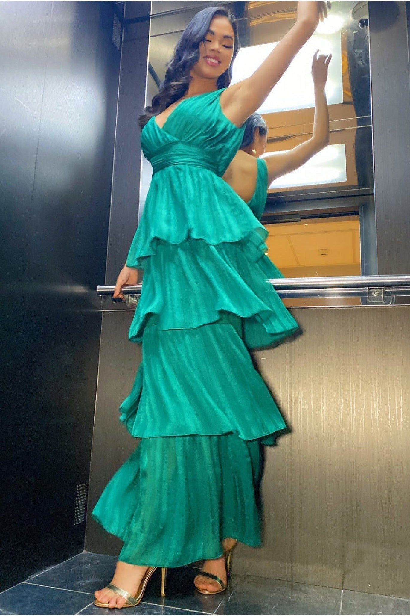 Goddiva Tiered Chiffon Maxi Dress - Emerald