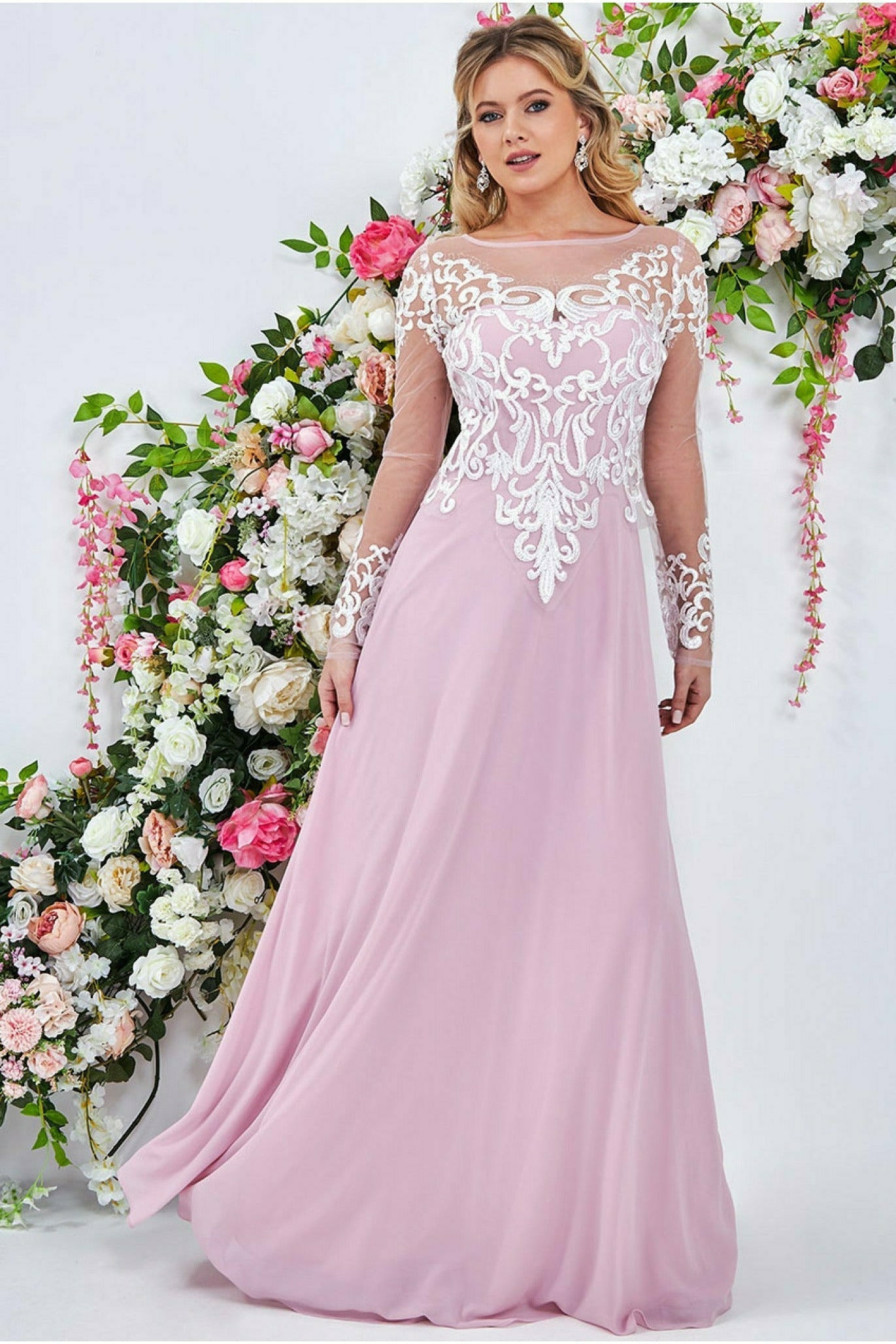 Goddiva Mesh & Lace Embroidered Bodice Maxi - Blush