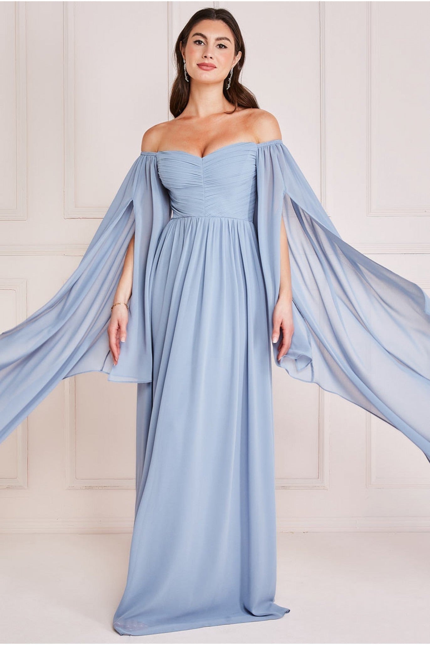 Goddiva Chiffon Off The Shoulder Maxi With Wings - Blue