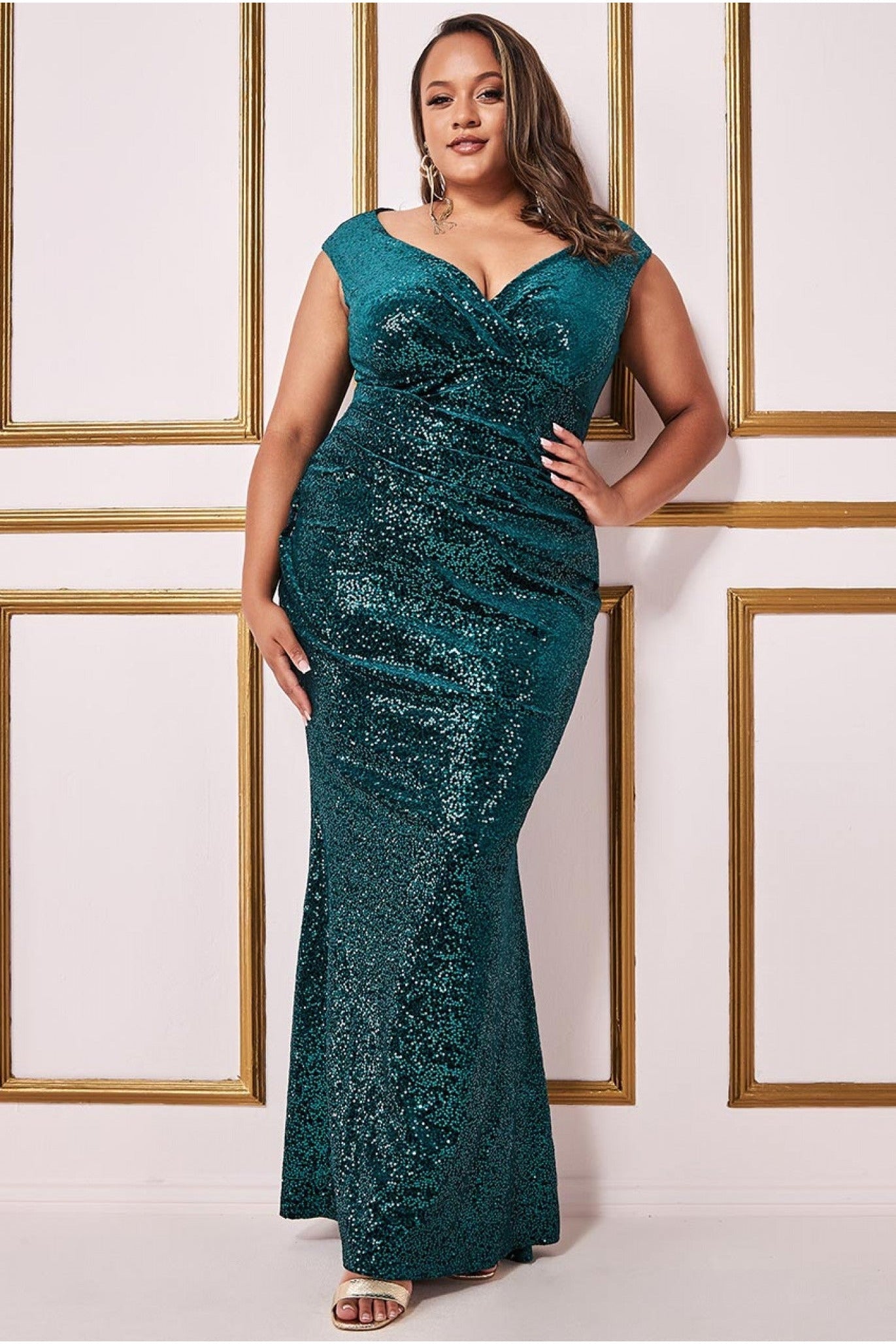 Goddiva Plus Sequin & Velvet Bardot Maxi Dress - Emerald