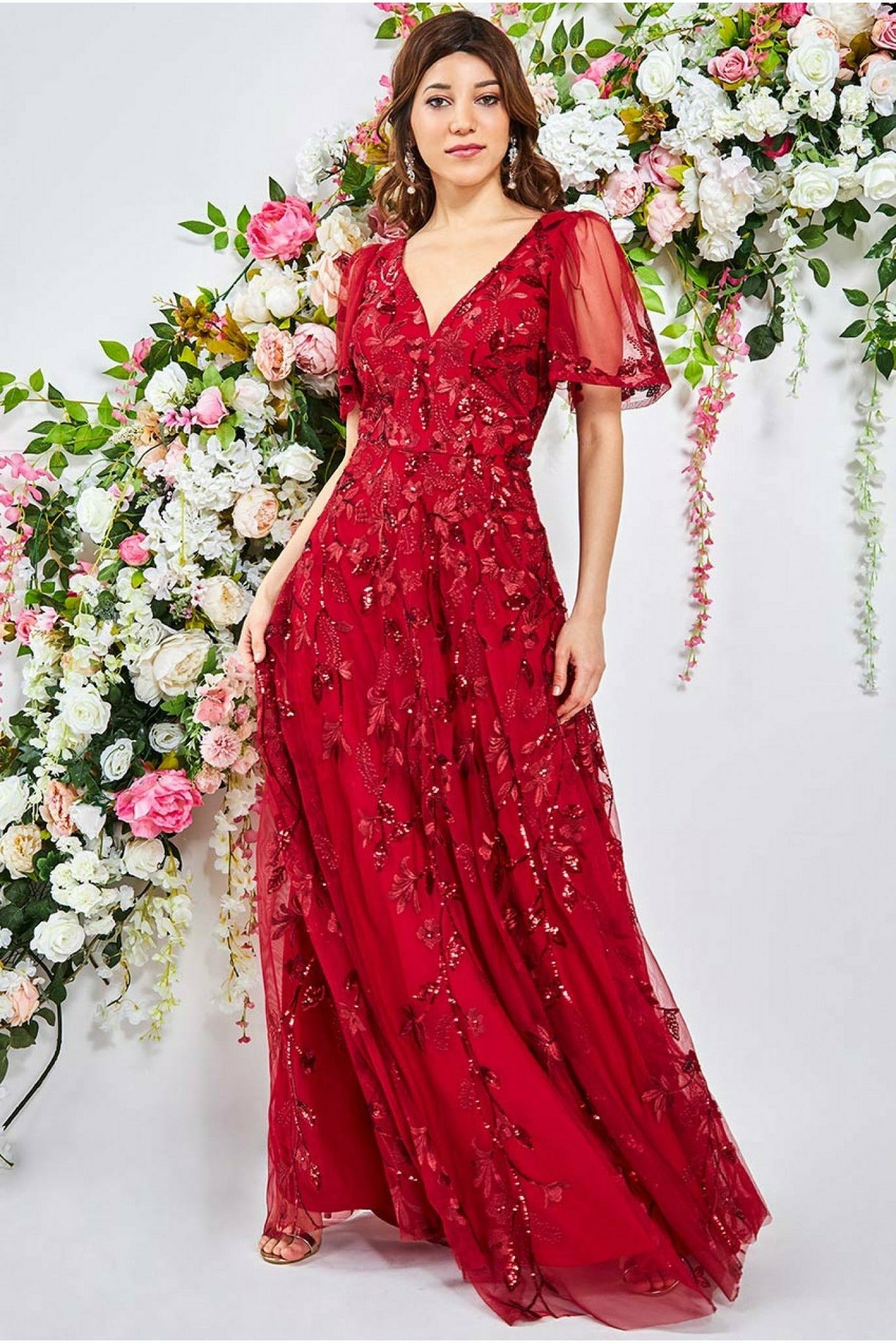 Goddiva Flared Sleeve Embroidered Maxi Dress - Red product