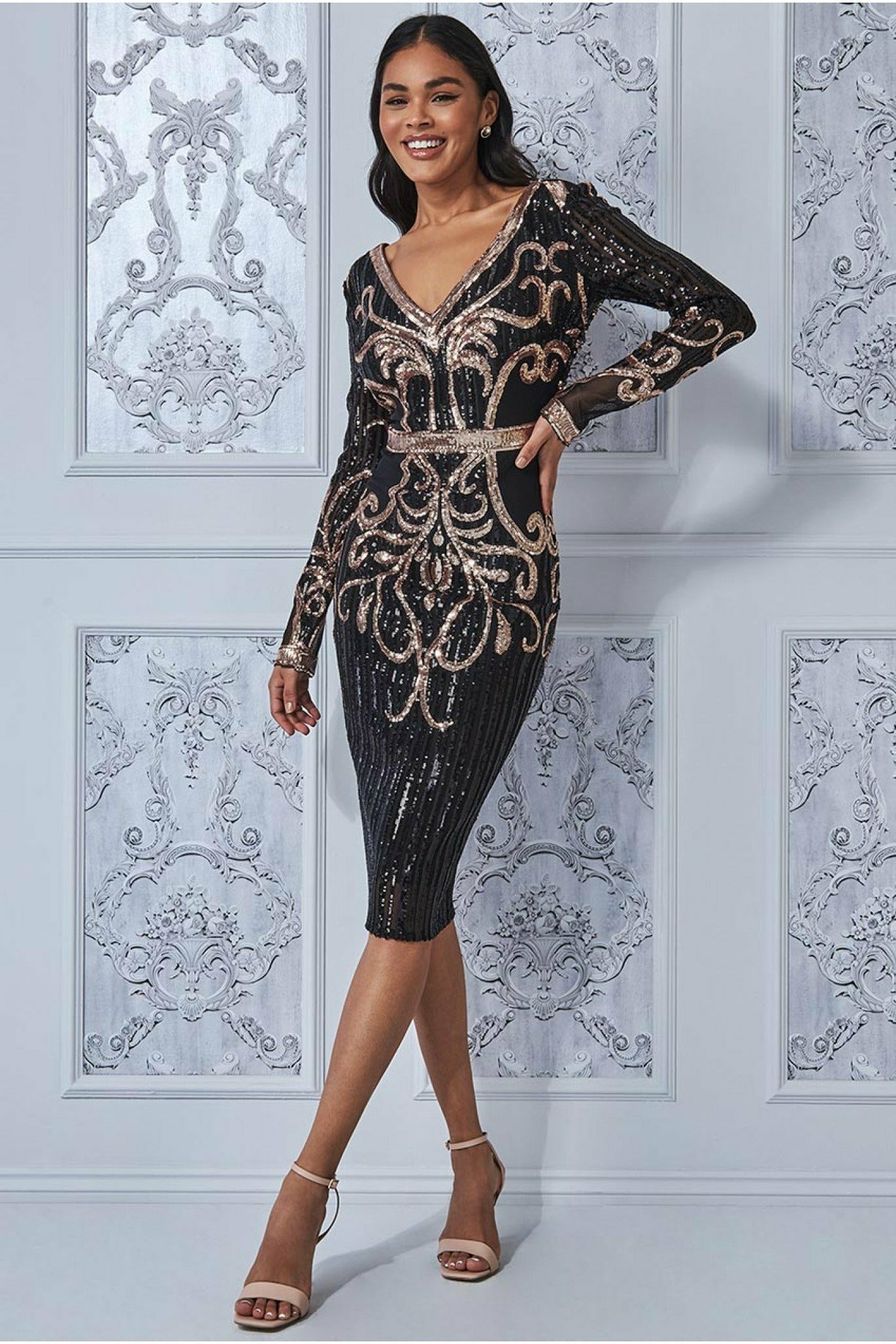 Goddiva Sequin & Mesh Embroidered Midi - Black