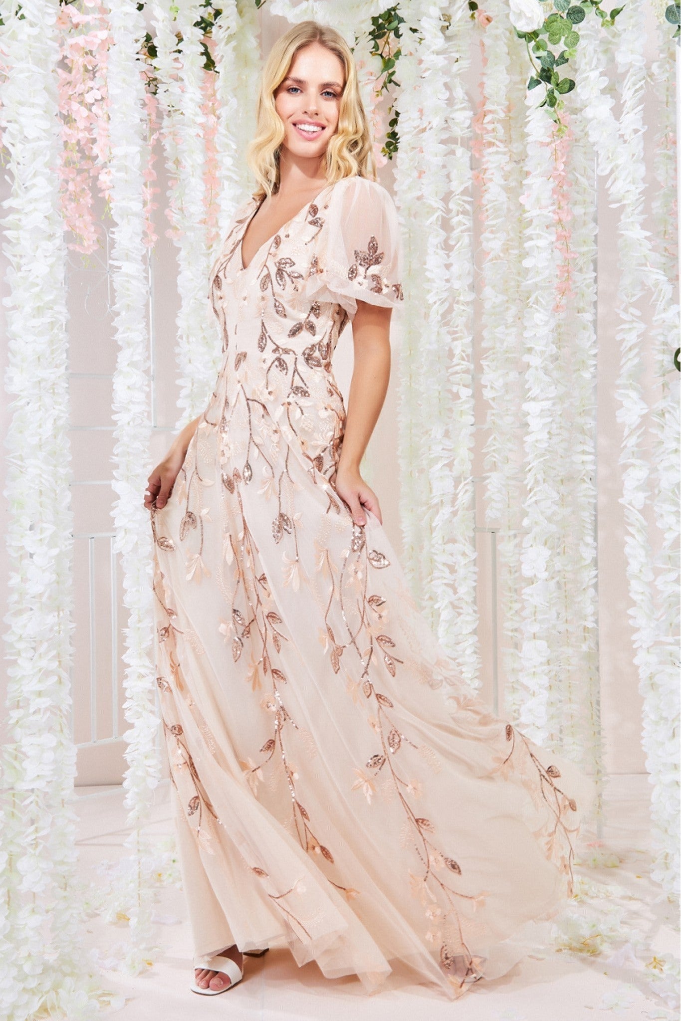 Goddiva Flared Sleeve Embroidered Maxi Dress - Ivory