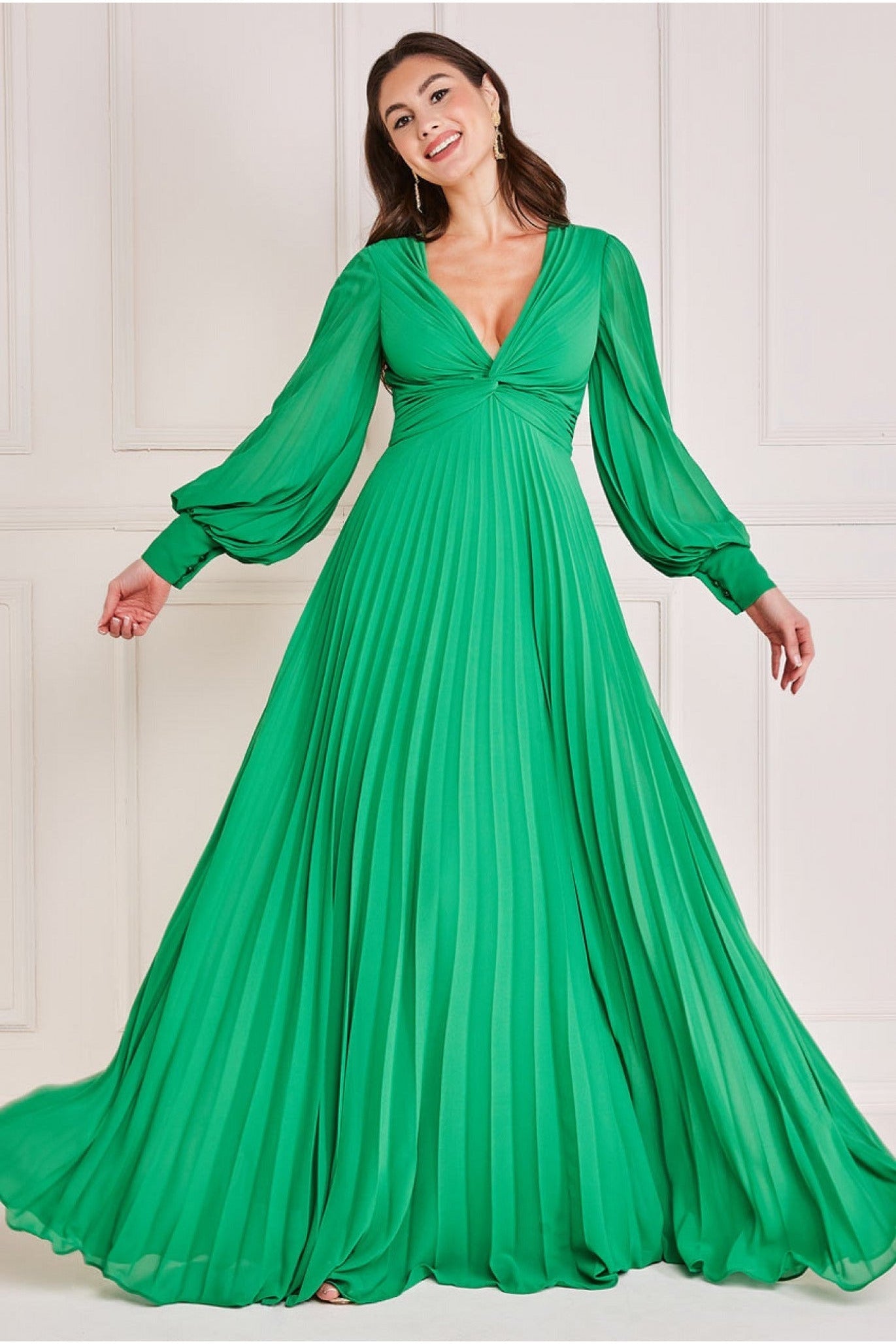 Goddiva Fully Pleated Chiffon Maxi Dress - Green