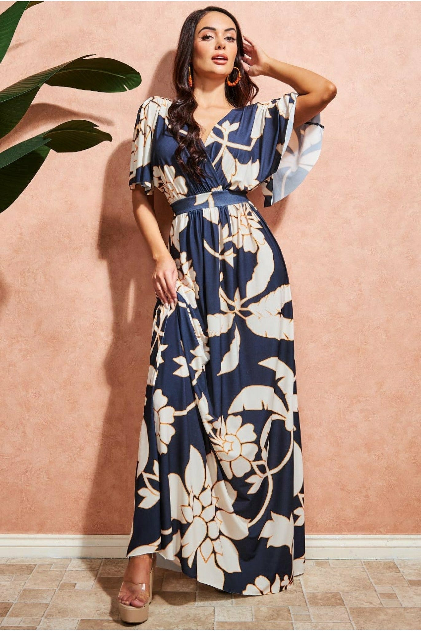 Goddiva Leaf Print Flutter Sleeve Maxi Dress - Navy