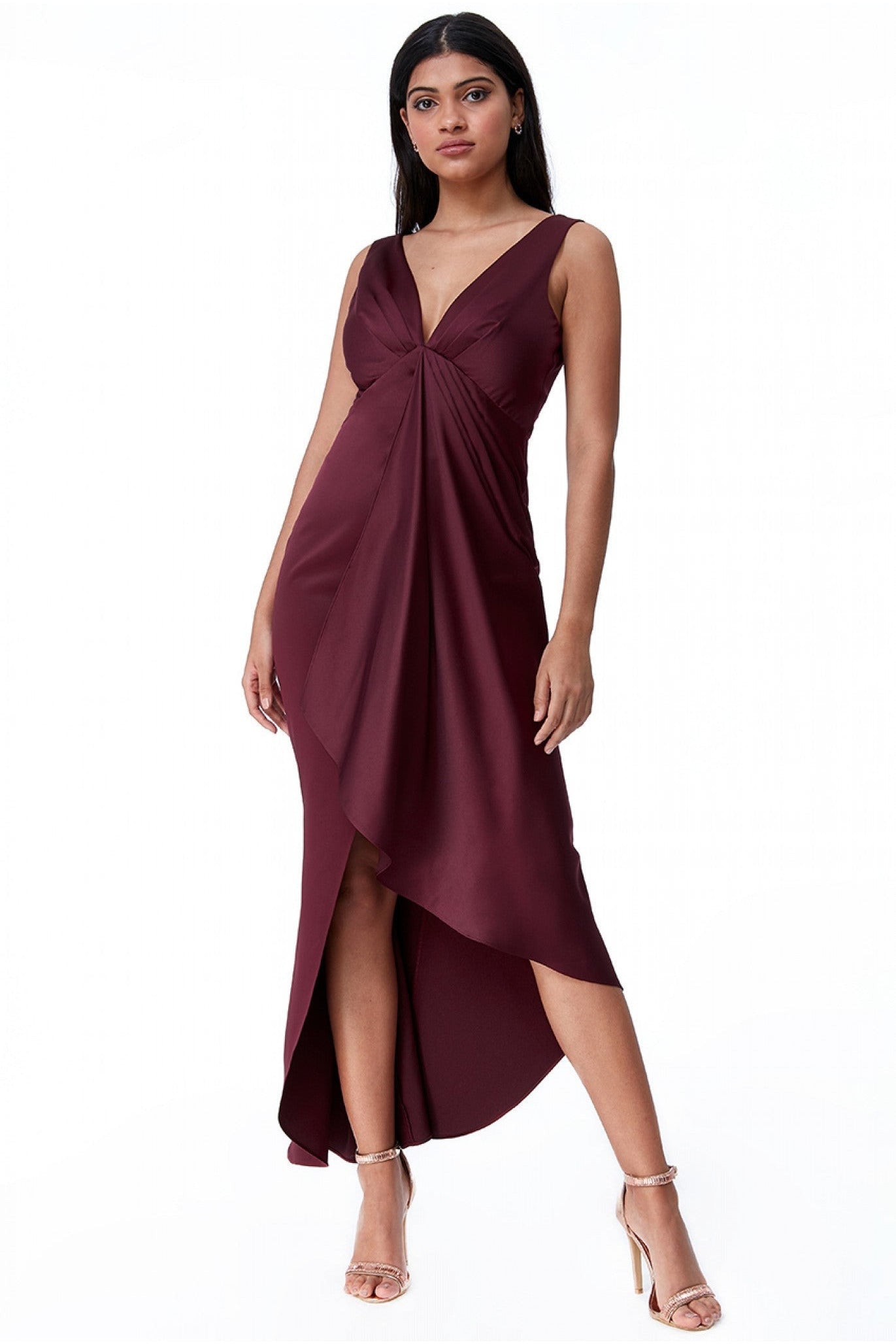 Goddiva Waterfall Satin Maxi Dress  - Wine