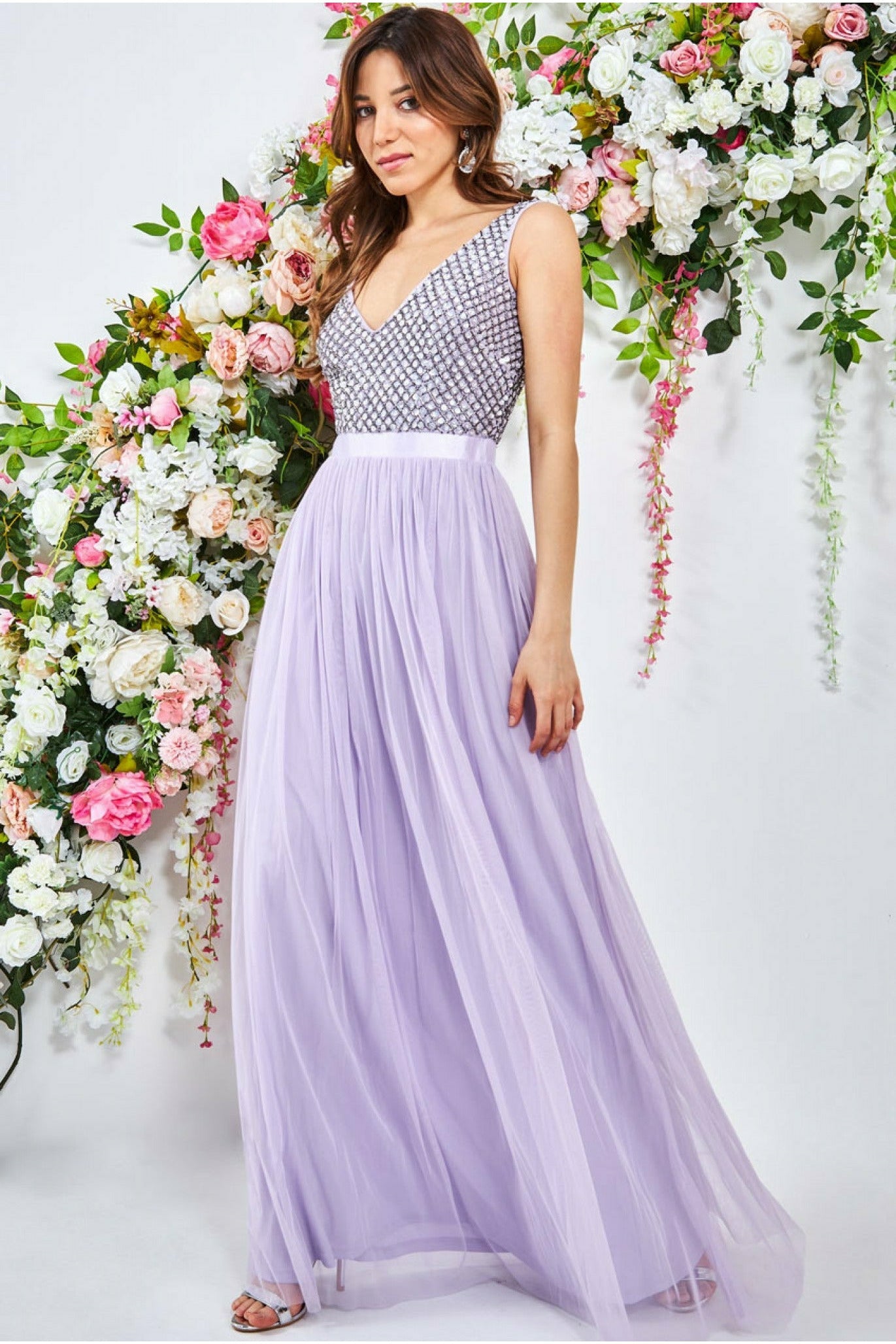Goddiva Sequin Bodice Pleated Maxi Dress - Lavender product