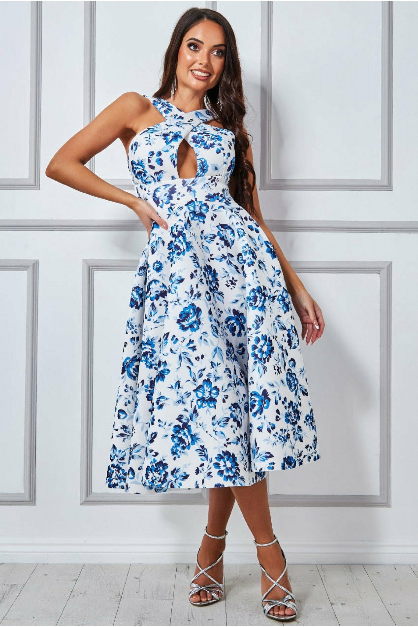 Goddiva Crossover Keyhole Midi Dress - Blue Print