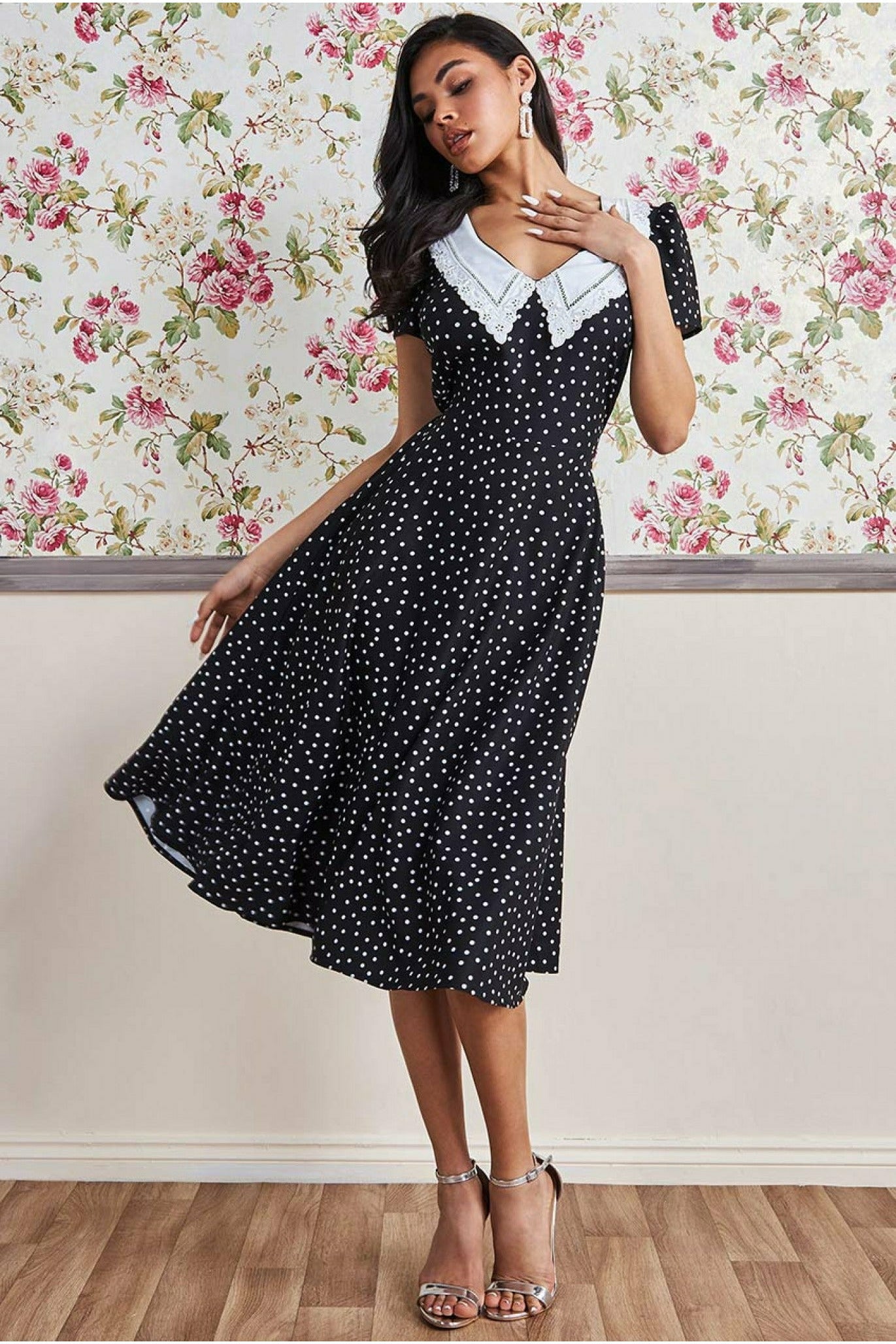 Goddiva Printed Tea Dress With Collar - Black