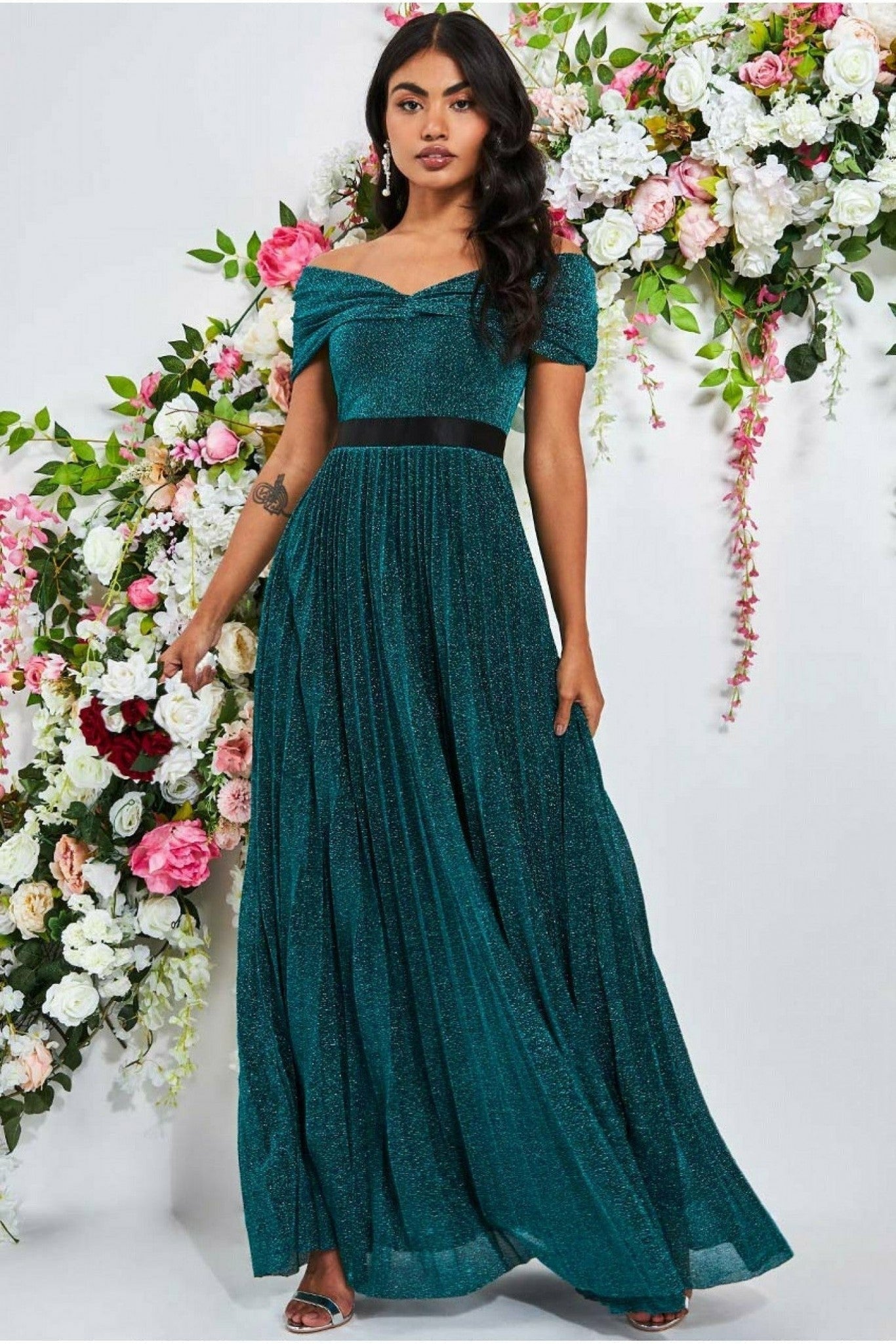 Goddiva Bardot Pleated Skirt Maxi - Emeraldgreen