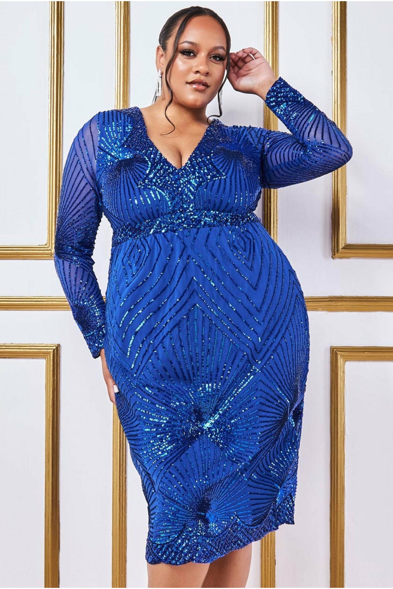 Goddiva Plus Scalloped Hem Starburst Midi Dress - Royal Blue