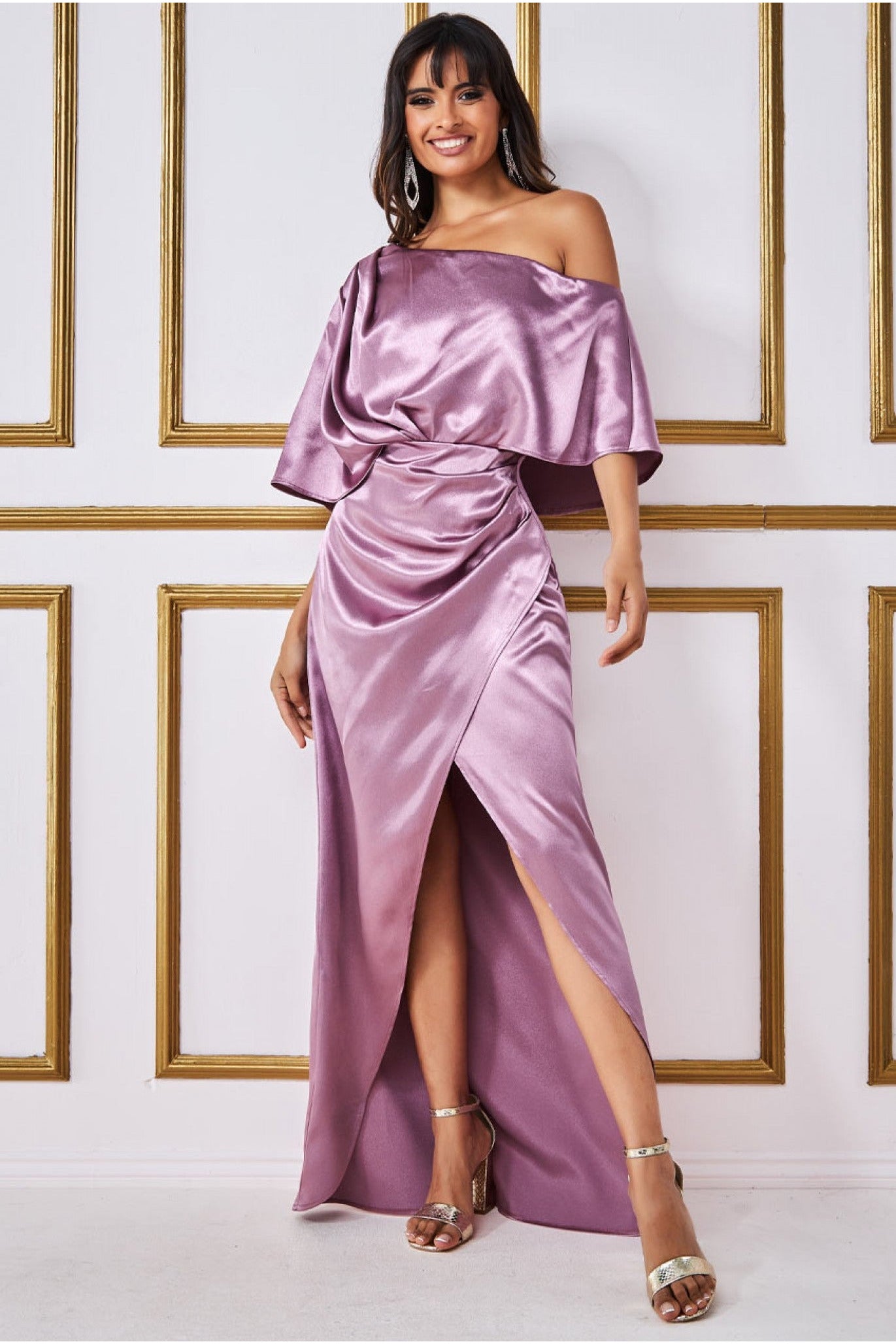 Goddiva Satin Drape Shoulder Wrap Maxi Dress - Blush
