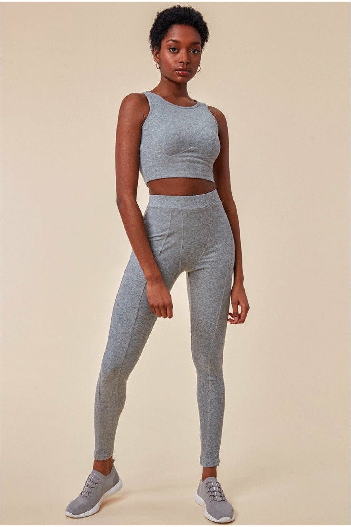 Cosmochic High Neck Crop Top With Leggings Lounge Set - Grey