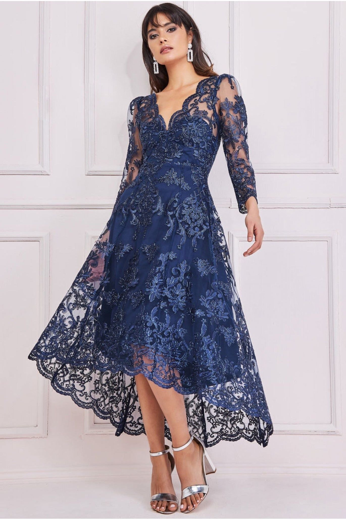 Goddiva Scalloped Lace Dipped Hem Midi Dress - Navy