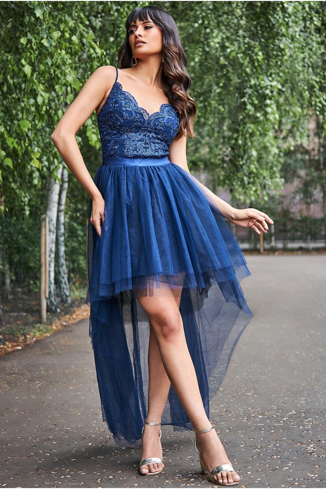 Goddiva High Low Tulle Mini With Lace Bodice - Navy