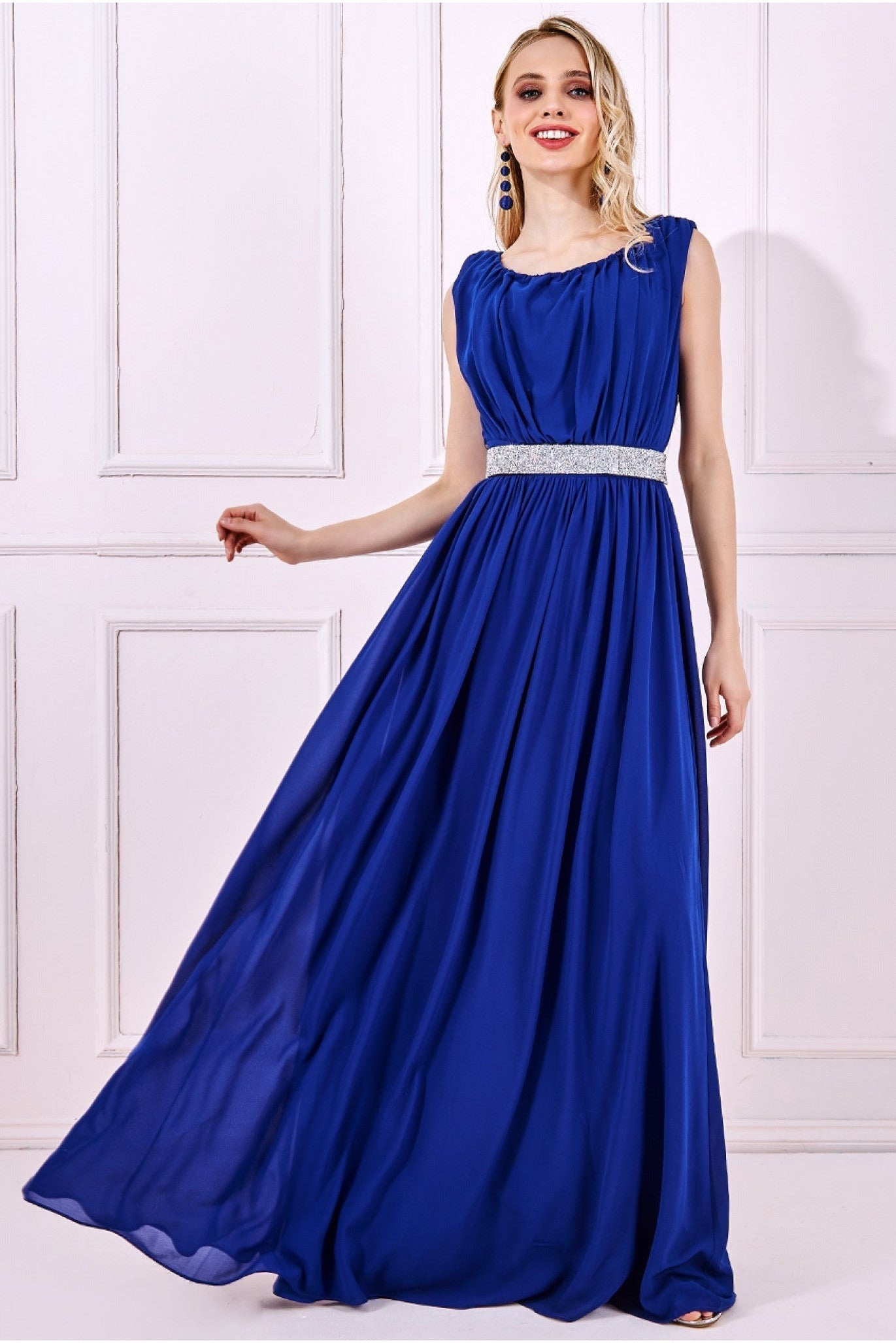 Image of Goddiva Chiffon Maxi With Embellished Belt - Royal Blue