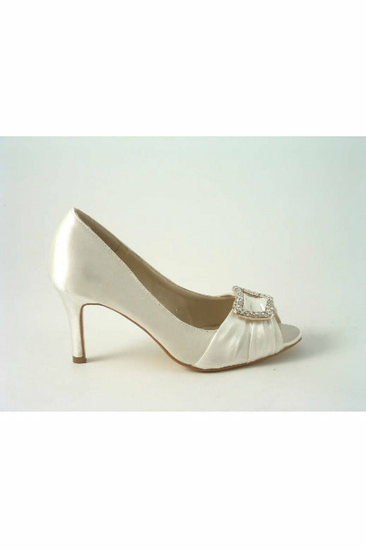 GLITZ SHOES DIAMANTE IVORY SATIN LOW HEEL PEEP TOE COURT SHOE