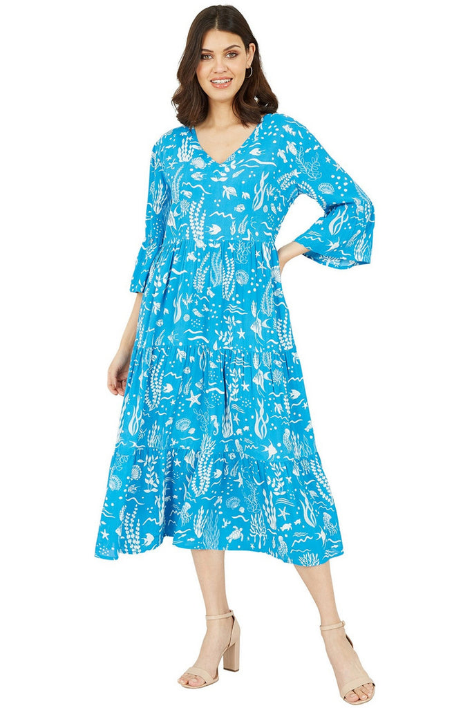 Yumi Blue Sealife Print Midi Dress – Goddiva