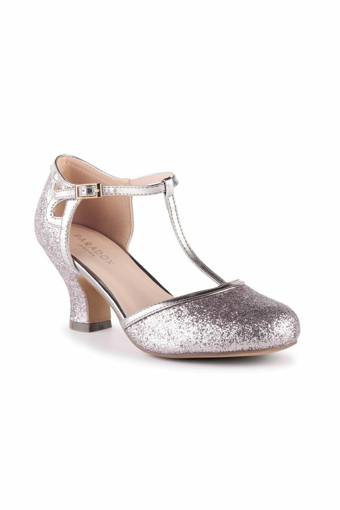 Paradox London Joanna - Vintage Rose Glitter Low Heel T-bar Court Shoes ...