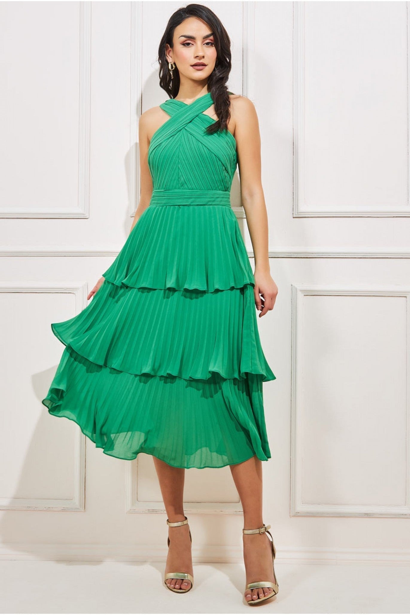 Image of Goddiva Pleated Bodice Chiffon Tiered Midi - Green