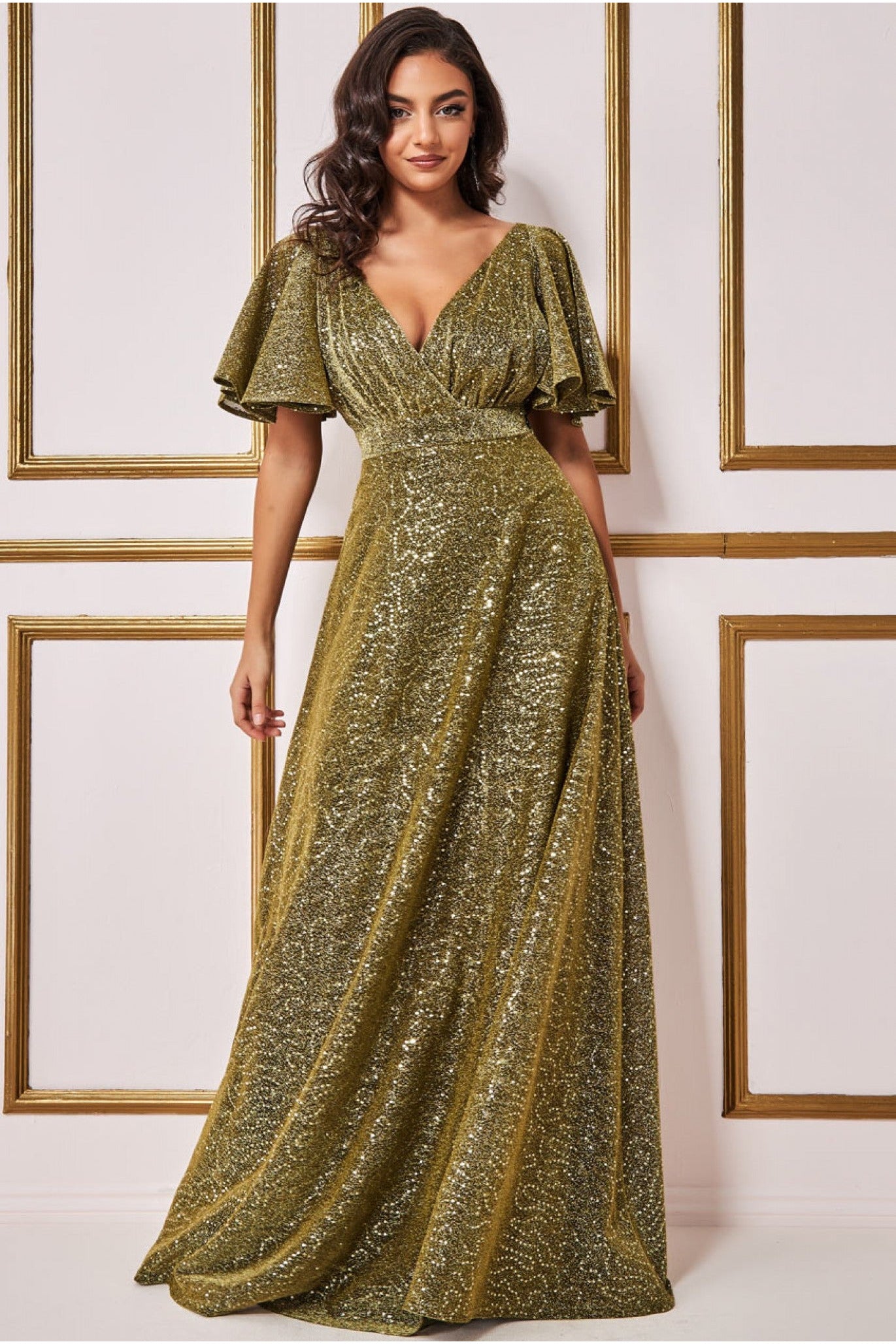 Goddiva Sequin Lurex Flutter Sleeve Maxi Dress - Gold