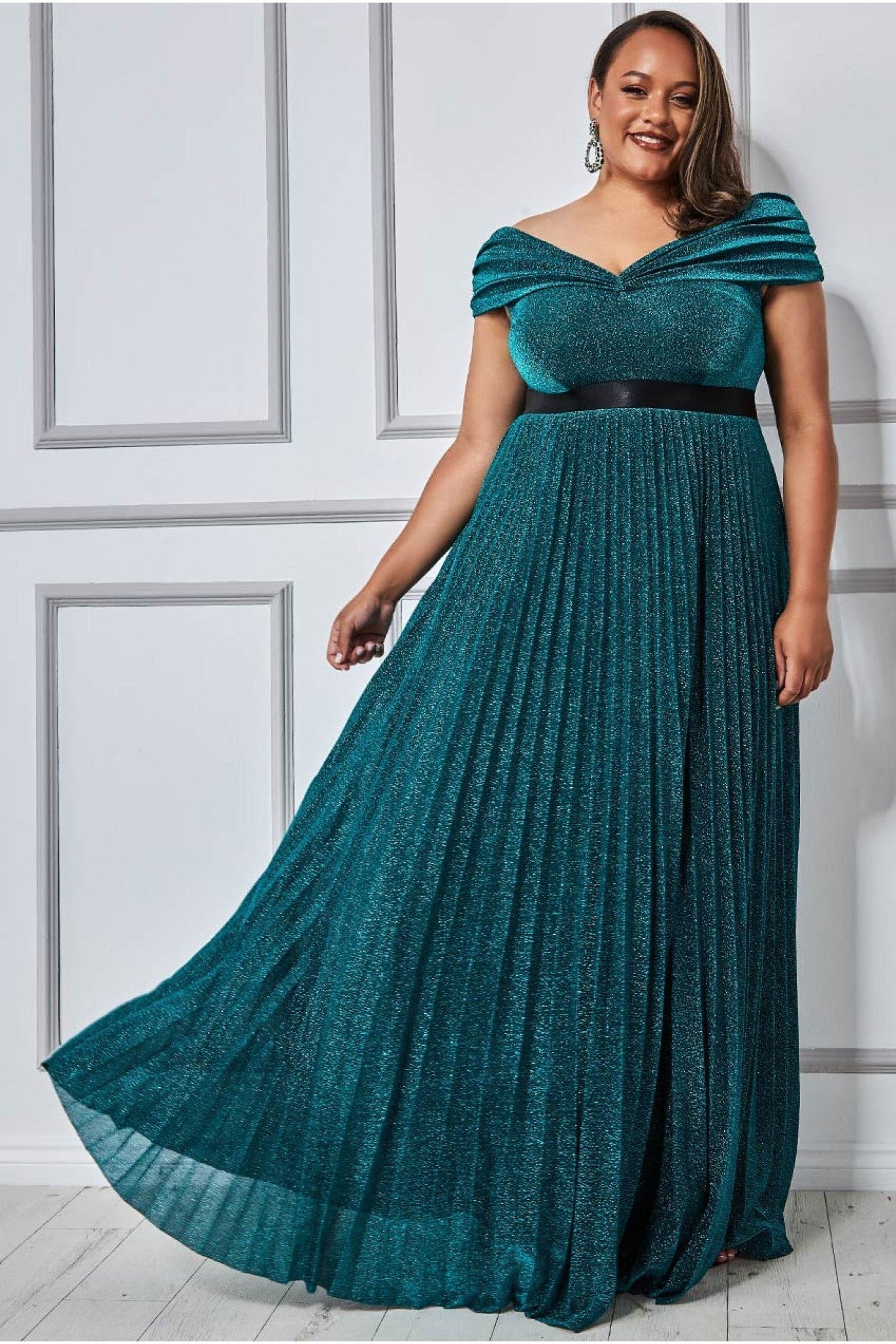 Goddiva Plus Bardot Pleated Skirt Maxi Dress - Emerald Green