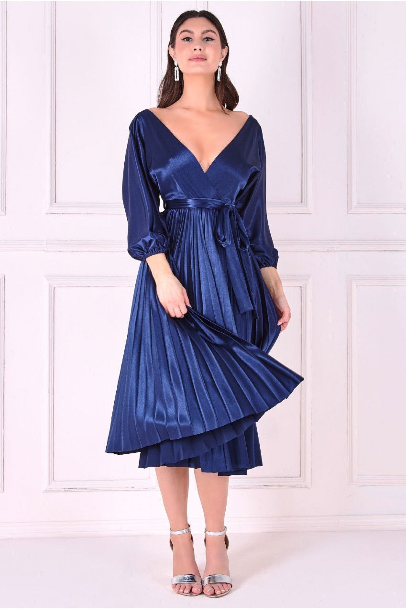 Image of Goddiva Satin Pleated Skirt Wrap Midi Dress - Navy