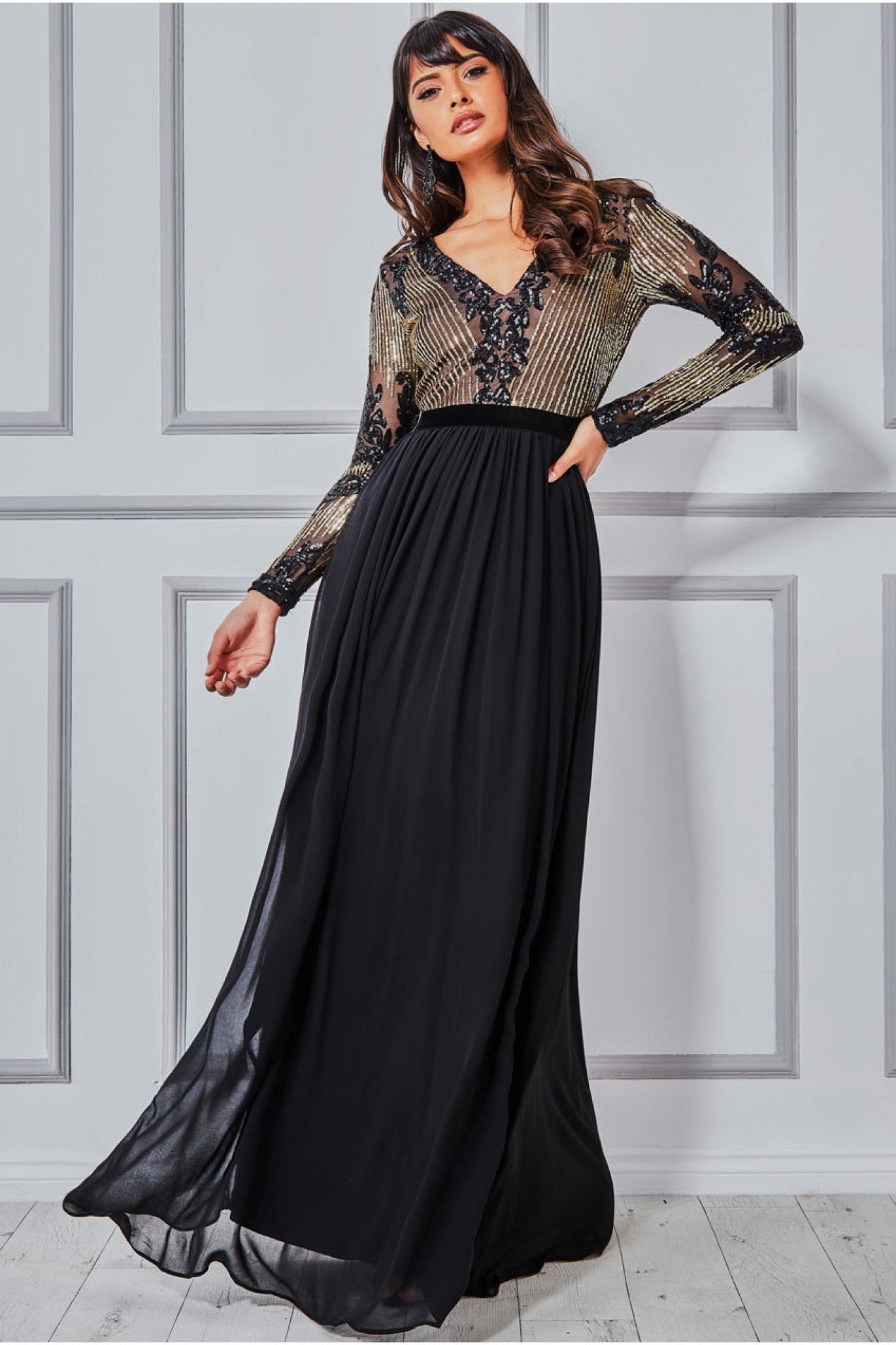 Goddiva Sequin Mesh Bodice Maxi Dress - Black