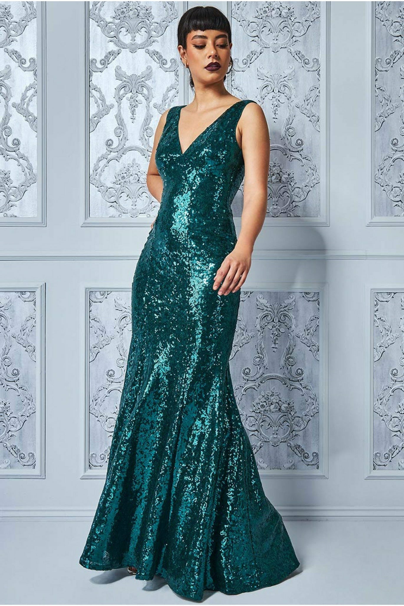 Goddiva Sequined Low V Neck Maxi Dress - Emerald Green