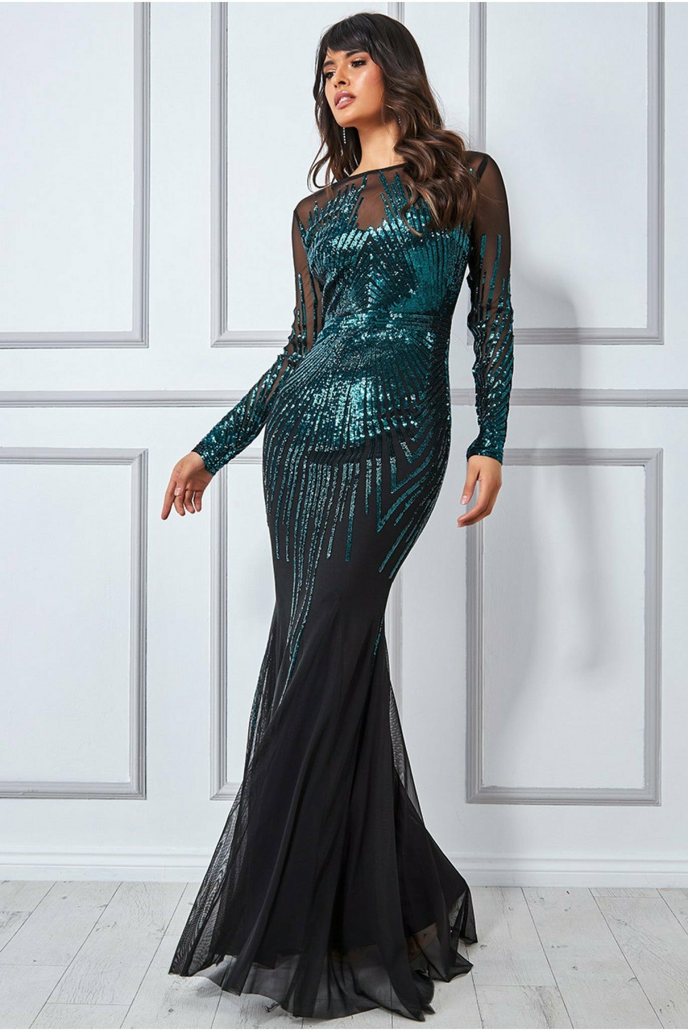 Goddiva Shooting Star Sequin Maxi Dress - Emerald