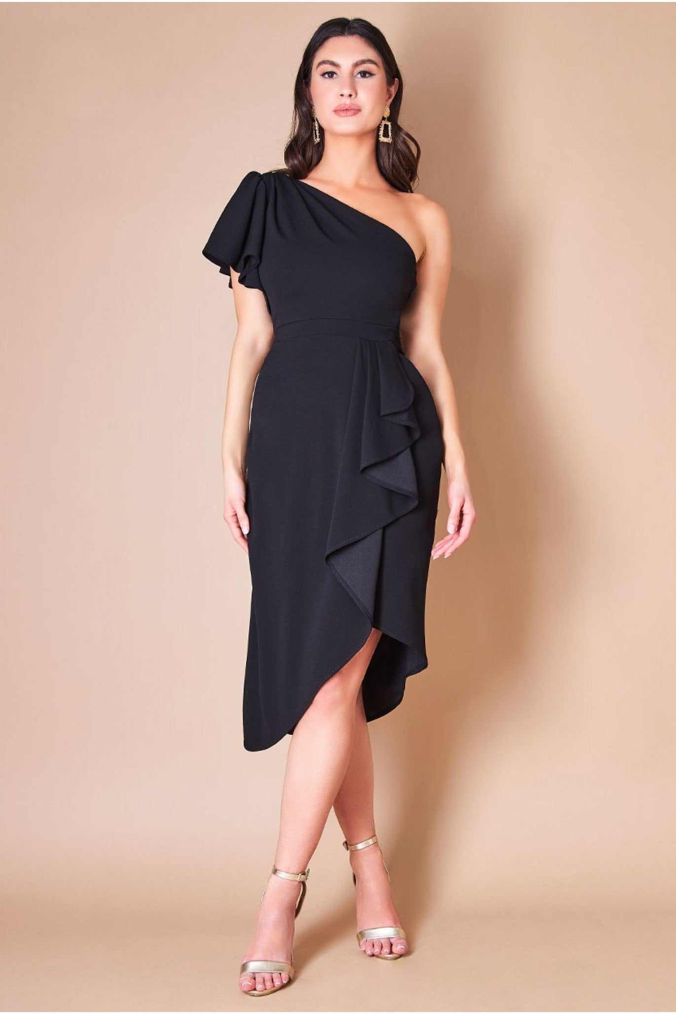 Goddiva Waterfall Sleeve Wrap Midi Dress - Black