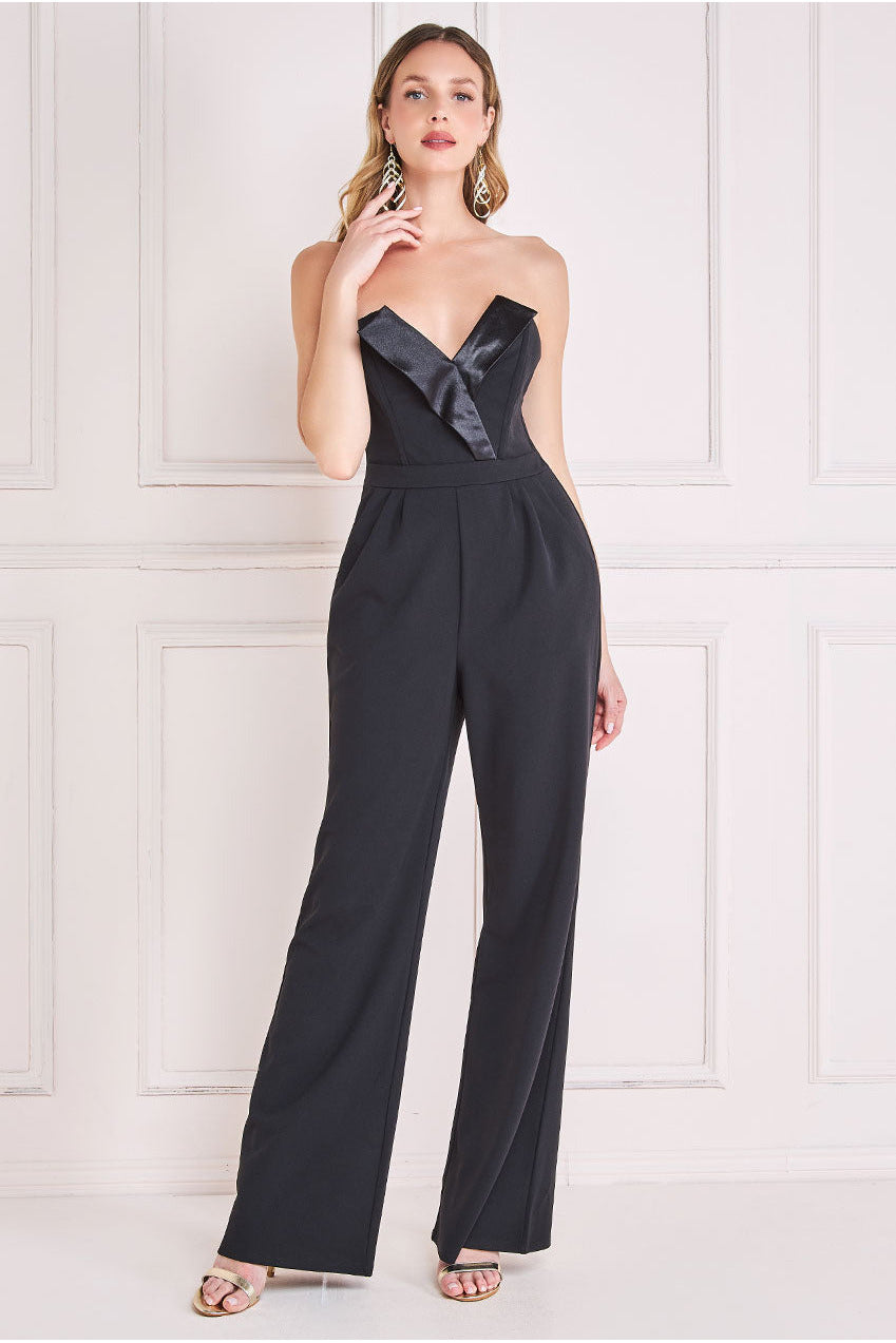 Goddiva Satin Collar Scuba Jumpsuit - Black