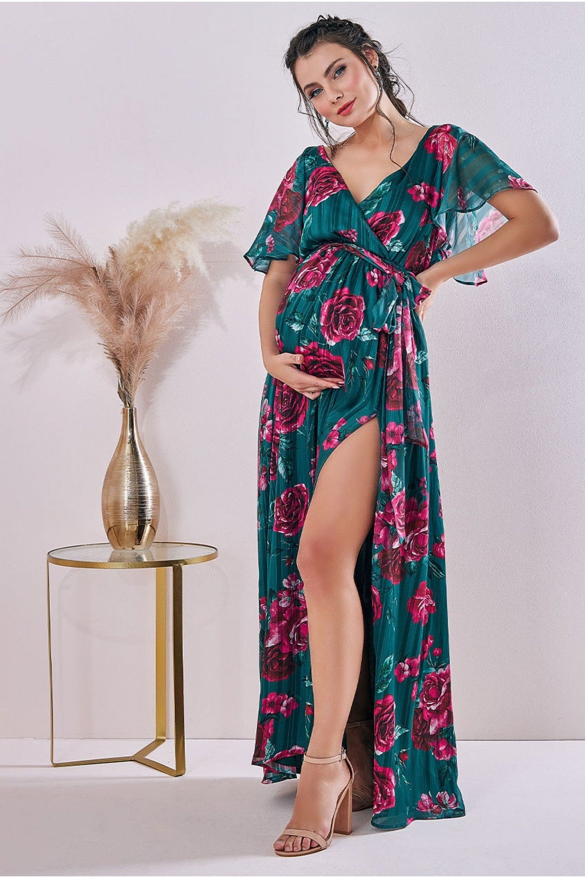 Goddiva Maternity Flutter Sleeve Floral Wrap Maxi Emerald